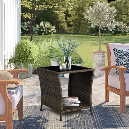 Outdoor Wicker Side Table Rattan Side Tables End Table for Patio with Glass Top Rattan Storage for Patio Garden Balcony