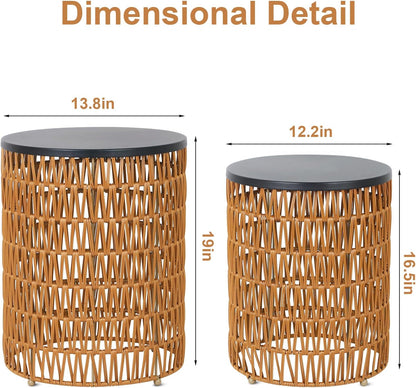 HMVPL Outdoor Side End Table with Dimmable Light Remote Control,2-Pack Small Round Patio Table with Timing Light,Outside Plastic Rattan Accent Bistro Desk for Poolside Backyard Balcony Gazebo Indoor