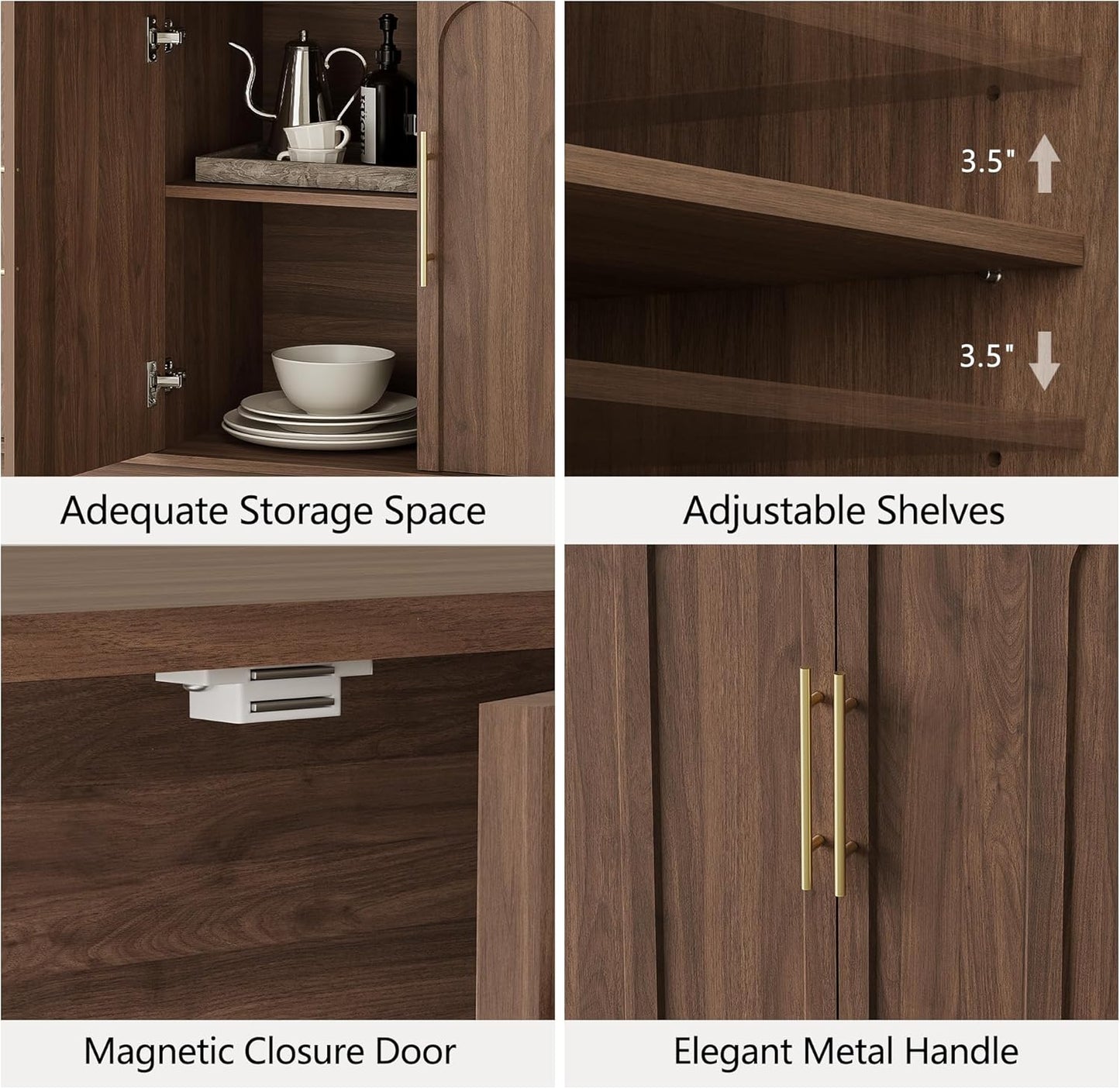 Sideboard Buffet Cabinet with Storage, Mid Century Modern Accent Cabinet with Arched Doors, Modular Media Console, Minimalist Credenza for Living Room Kitchen Dining Room Entryway, Walnut