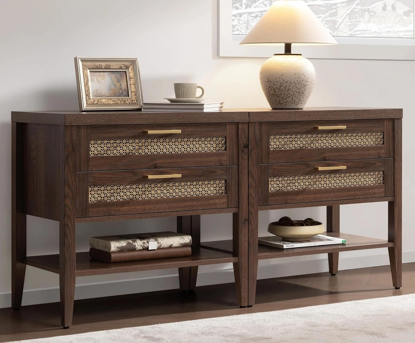 SICOTAS Night Stand Set 2 - Large Nightstands Sets of 2 with Drawers and Shelf, Rustic Bedside Table for Bedroom, Mid Century Modern Nightstand, 25.7" Tall Side End Table (Light Walnut, 2 Pieces)