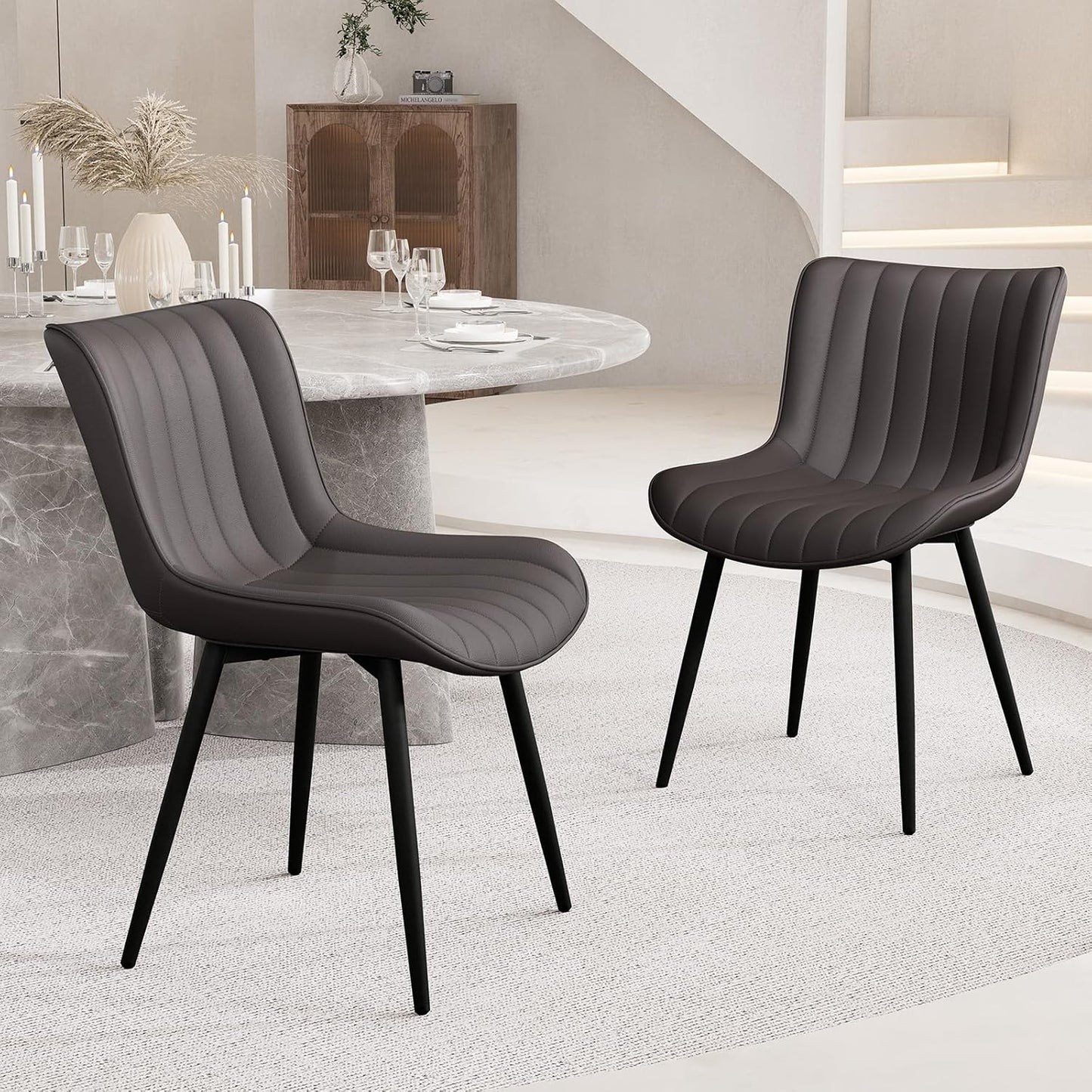 YOUNUOKE Mid-Century Modern Dining Chairs Set of 2, Olive Green PU Leather Upholstered Kitchen Chairs with Black Metal Legs, Armless Accent Side Chair for Dining Room, Guest Reception Room