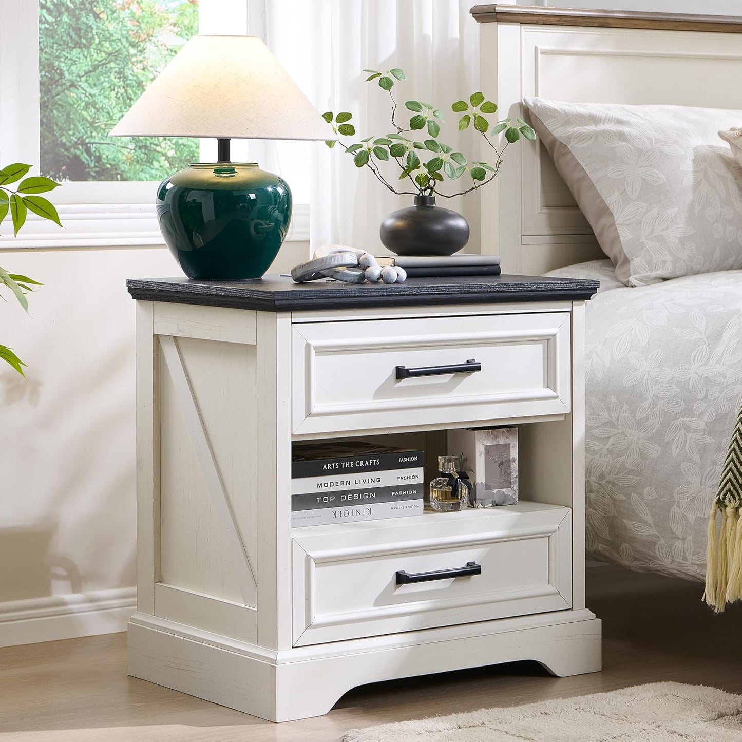 ACCOHOHO 24" Farmhouse Nightstand Set of 2 with Charging Station, 2 Drawers Large Bedside Table with Open Shelf, Rustic End Table for Bedroom - Natural Oak