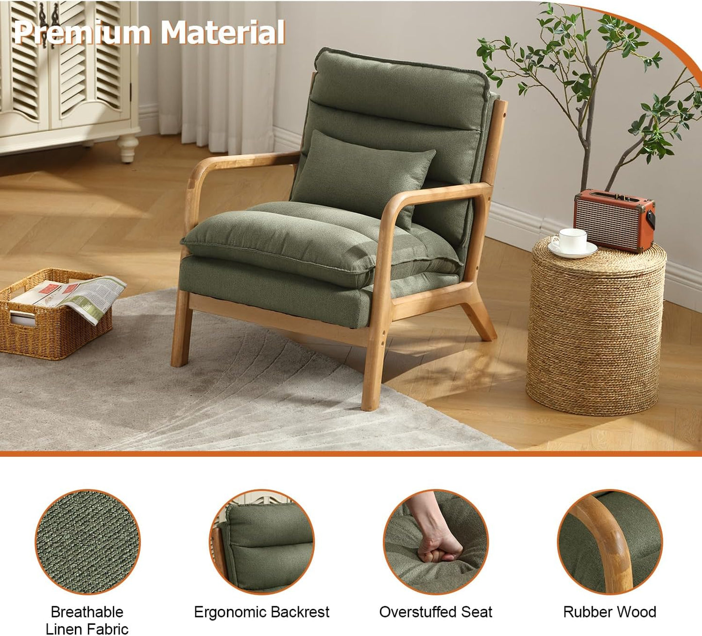 INZOY Mid Century Modern Accent Chair with Wood Frame, Upholstered Reading Armchair with Waist Cushion, Double Padded Accent Chair, Side Chair for Living Room Bedroom Office, Easy Assembly, Green