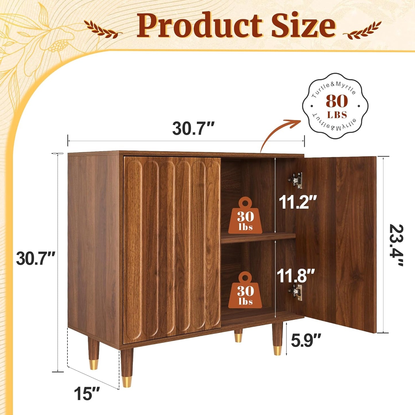 Turtle&Myrtle Fluted Sideboard Buffet Cabinet Set of 3, 92” Wide Mid Century Modern Storage Cabinet with 6 Doors& Adjustable Shelves, Wood Small Accent Cabinets for Living Room, Kitchen Walnut