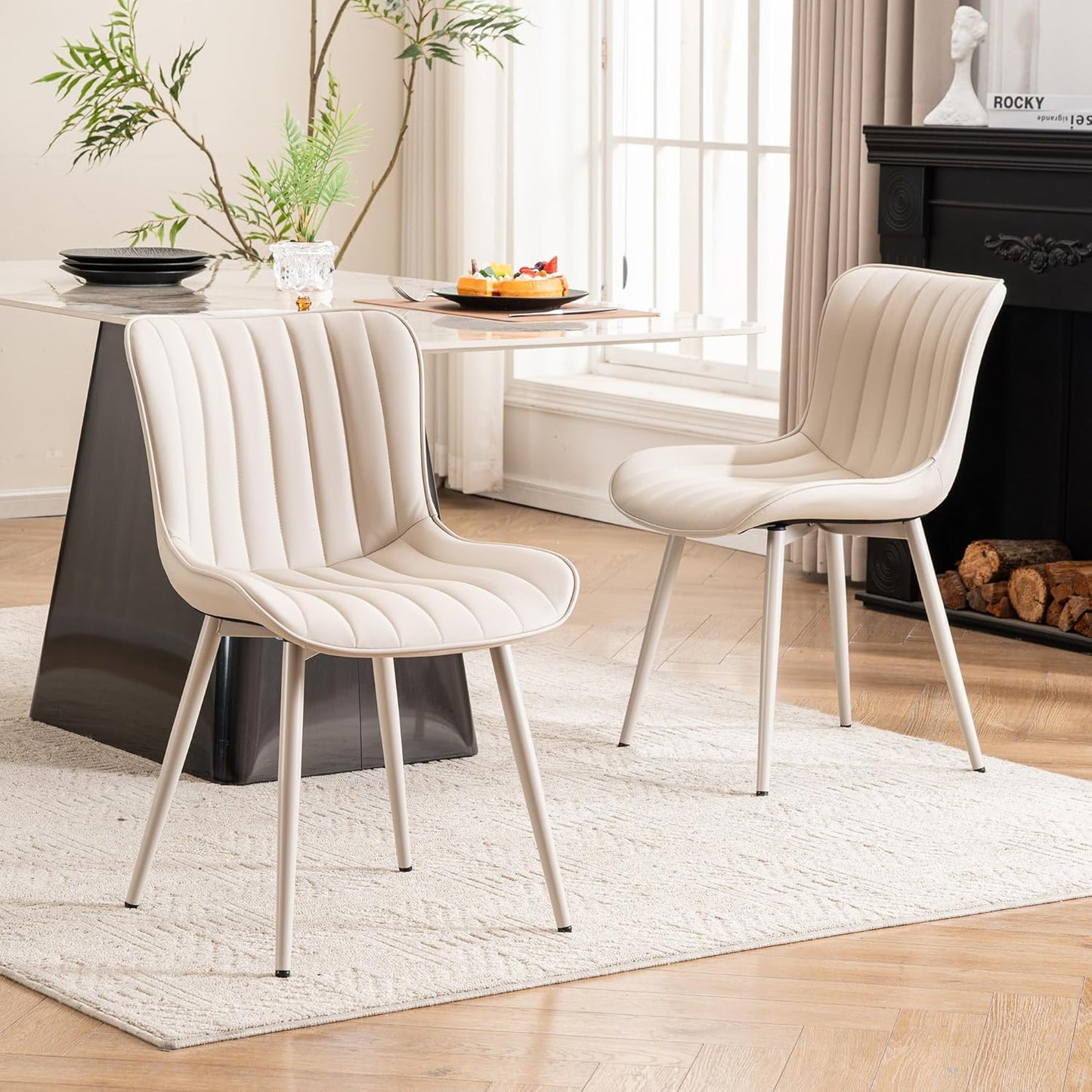 YOUNUOKE Mid-Century Modern Dining Chairs Set of 2, Olive Green PU Leather Upholstered Kitchen Chairs with Black Metal Legs, Armless Accent Side Chair for Dining Room, Guest Reception Room