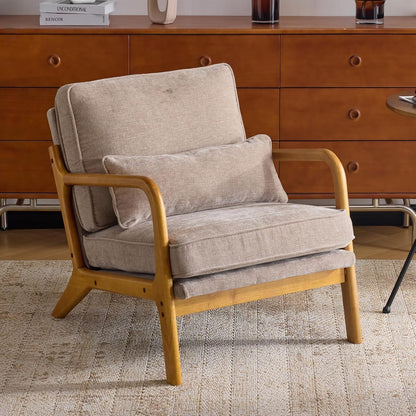 Karl home Accent Chair Mid-Century Modern Chair with Pillow Linen Fabric Upholstered Lounge Arm Chair with Solid Wood Frame & Soft Cushion for Living Room, Bedroom, Balcony, Beige