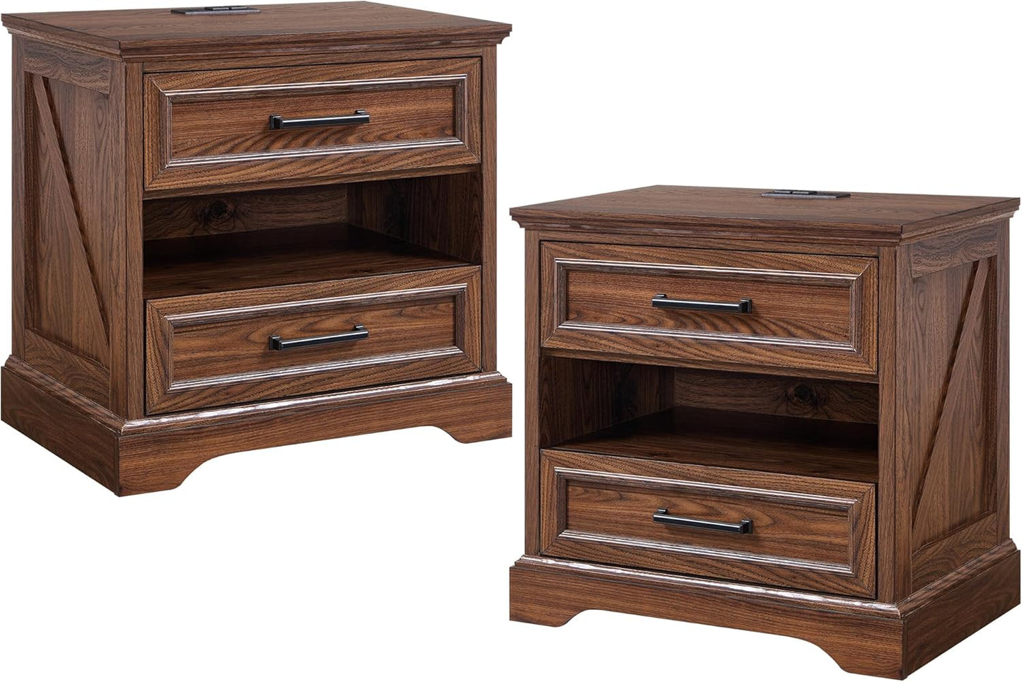 ACCOHOHO 24" Farmhouse Nightstand Set of 2 with Charging Station, 2 Drawers Large Bedside Table with Open Shelf, Rustic End Table for Bedroom - Natural Oak
