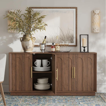 Sideboard Buffet Cabinet with Storage, Mid Century Modern Accent Cabinet with Arched Doors, Modular Media Console, Minimalist Credenza for Living Room Kitchen Dining Room Entryway, Walnut
