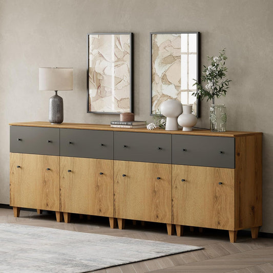WAMPAT Set of 4 Storage Cabinets for Living Room, Modern Wood Accent Cabinets Sideboard with Drawers, Doors, and Adjustable Shelves for Dining Room, Kitchen, Entryway, Oak Brown & Dark Grey