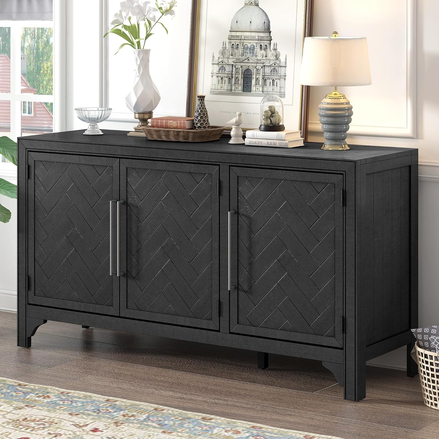 Ball & Cast 51" Farmhouse 4-Doors Storage Sideboard Buffet Cabinet w/Adjustable Shelves & Retro Handle, Wooden Coffee Accent Cabinet Console Table for Entryway Kitchen Dining Living, Natural
