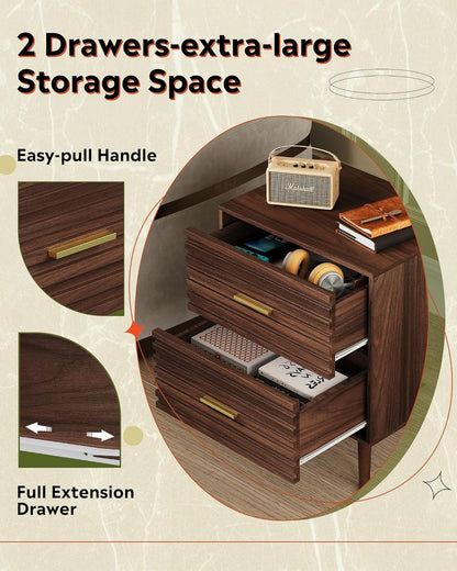 WLIVE Wood Night Stand Set of 2 with 2 Drawers, Mid Century Modern Nightstand Sets, Fluted Bed Side Tables for Bedroom, Dorm, Living Room End Table