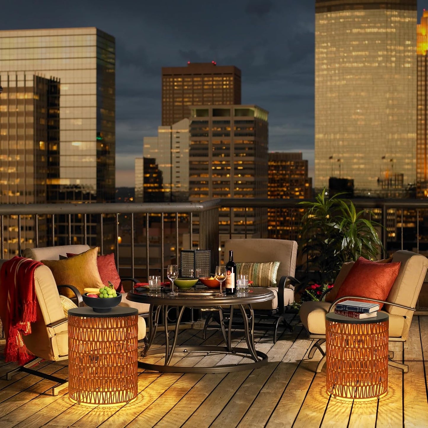 HMVPL Outdoor Side End Table with Dimmable Light Remote Control,2-Pack Small Round Patio Table with Timing Light,Outside Plastic Rattan Accent Bistro Desk for Poolside Backyard Balcony Gazebo Indoor