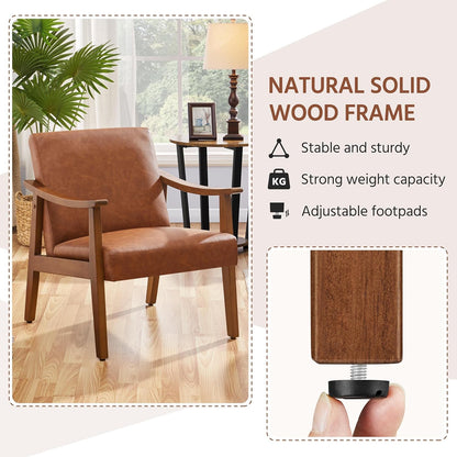 Yaheetech PU Leather Accent Chair, Mid-Century Modern Armchair with Solid Wood Legs, Reading Leisure Chair with High Back for Living Room Bedroom Waiting Room, Light Brown