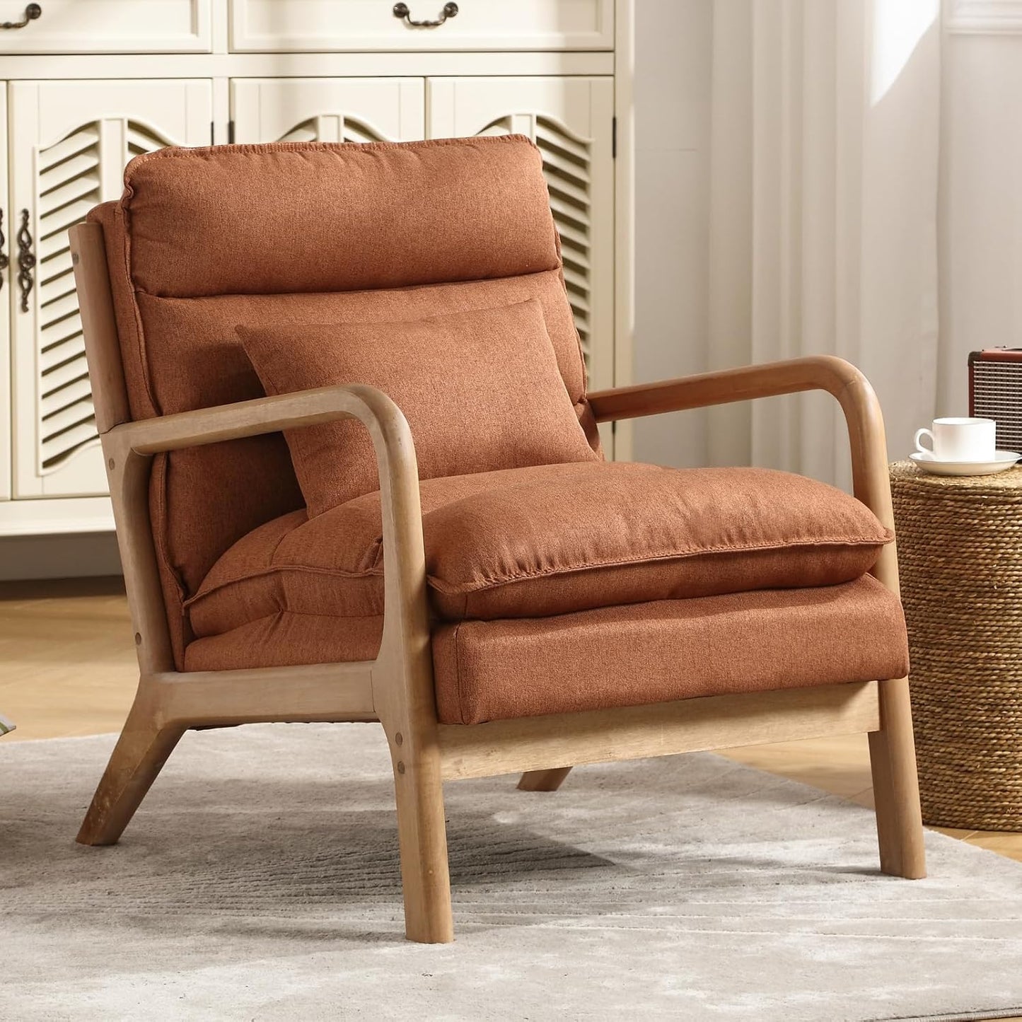 INZOY Mid Century Modern Accent Chair with Wood Frame, Upholstered Reading Armchair with Waist Cushion, Double Padded Accent Chair, Side Chair for Living Room Bedroom Office, Easy Assembly, Green