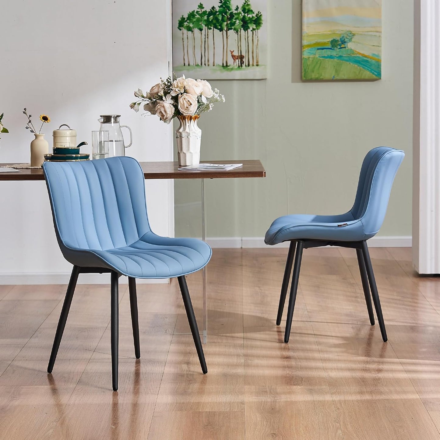 YOUNUOKE Mid-Century Modern Dining Chairs Set of 2, Olive Green PU Leather Upholstered Kitchen Chairs with Black Metal Legs, Armless Accent Side Chair for Dining Room, Guest Reception Room