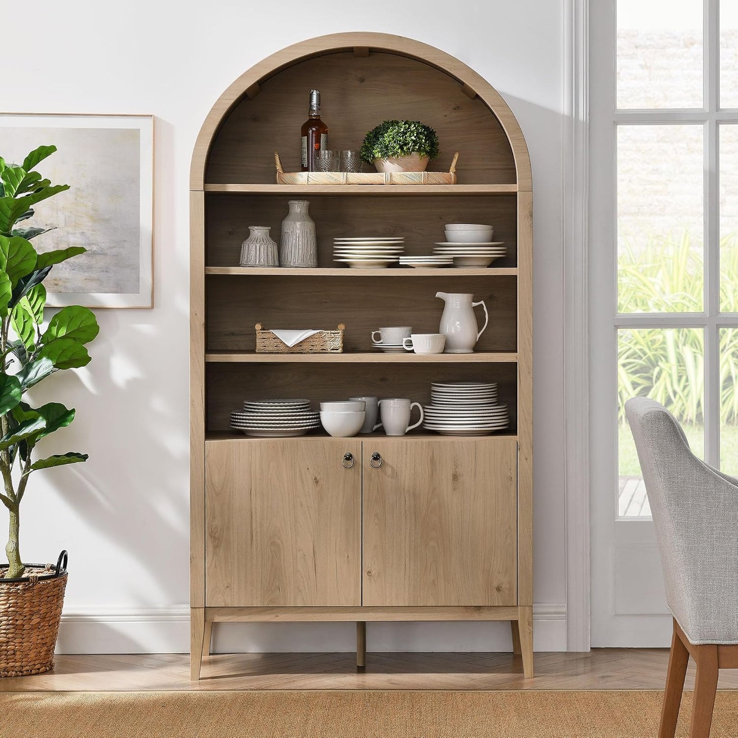 Modway Nolan Tall Arched Storage Display Cabinet in Light Oak - 74 Inch Arch Bookshelf with Open and Closed Shelving - Modern Accent Cabinet for Living Room, Dining Room
