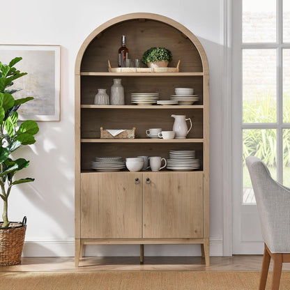 Modway Nolan Tall Arched Storage Display Cabinet in Light Oak - 74 Inch Arch Bookshelf with Open and Closed Shelving - Modern Accent Cabinet for Living Room, Dining Room