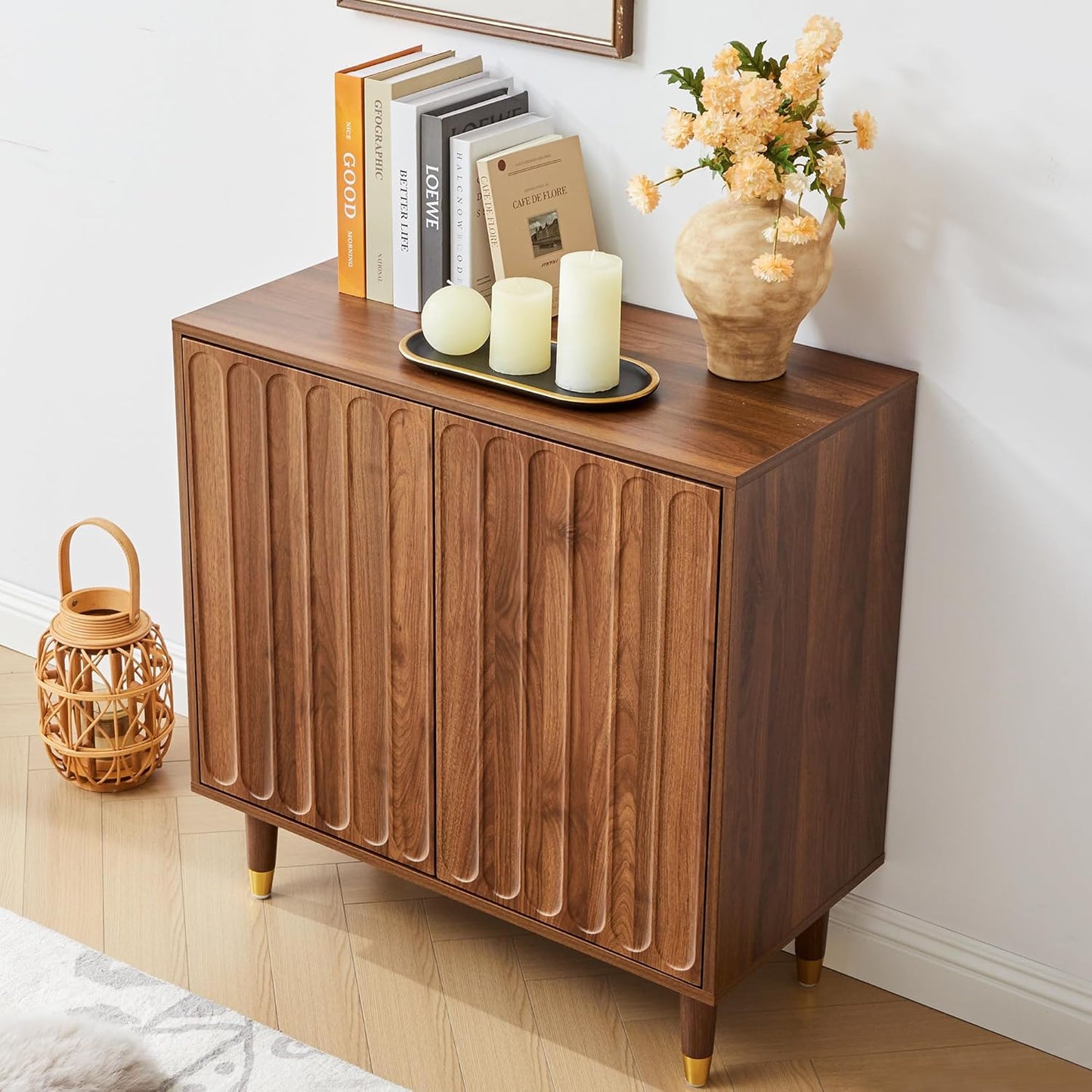 Turtle&Myrtle Fluted Sideboard Buffet Cabinet Set of 3, 92” Wide Mid Century Modern Storage Cabinet with 6 Doors& Adjustable Shelves, Wood Small Accent Cabinets for Living Room, Kitchen Walnut