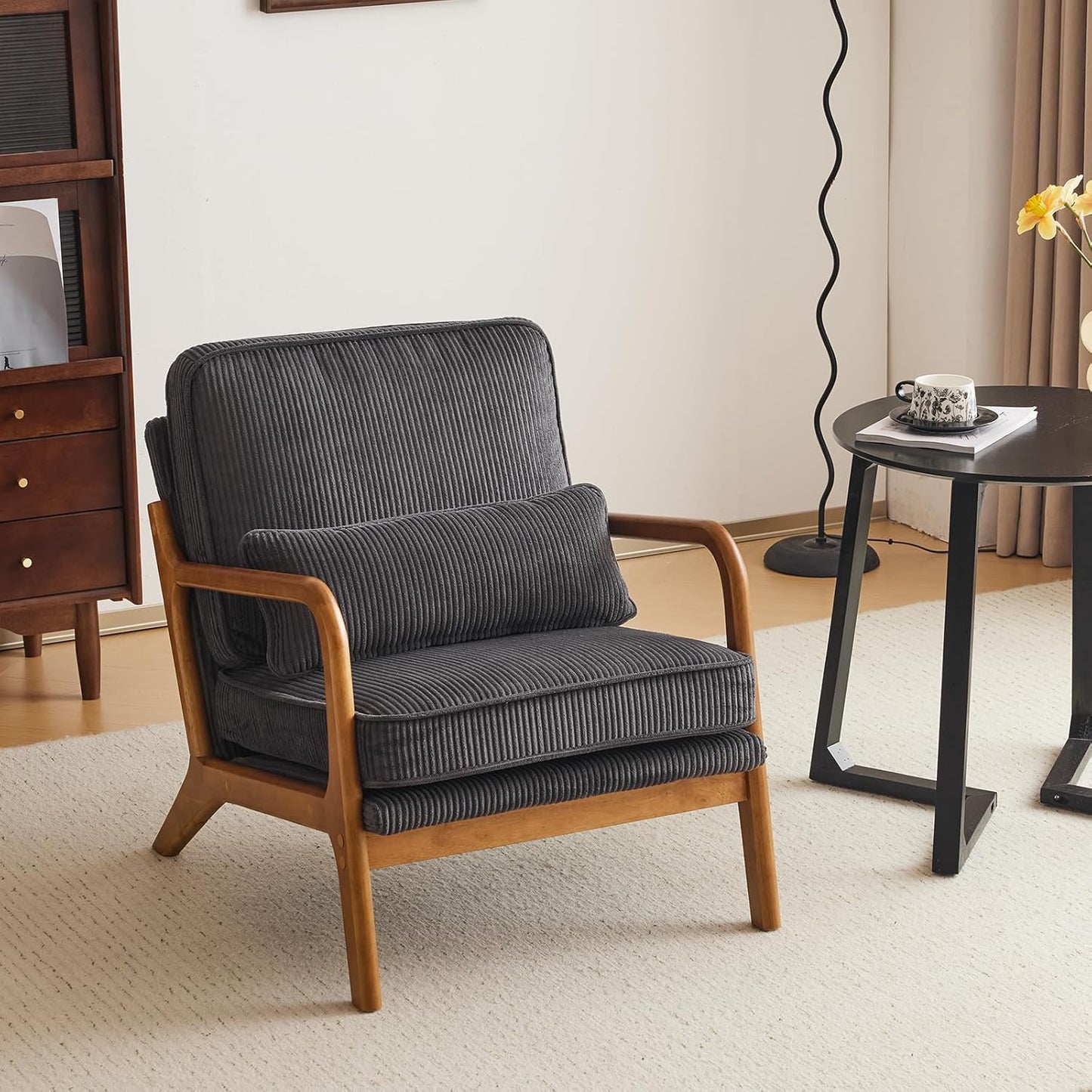 Karl home Accent Chair Mid-Century Modern Chair with Pillow Linen Fabric Upholstered Lounge Arm Chair with Solid Wood Frame & Soft Cushion for Living Room, Bedroom, Balcony, Beige