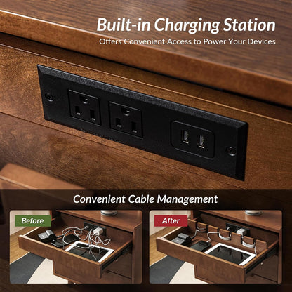 HULALA HOME 2 Drawer Nightstand with Charging Station, Mid-Century Modern Bedside Tables with Wood Legs, Wood Night Stand with Pull-Out Shelf, Walnut