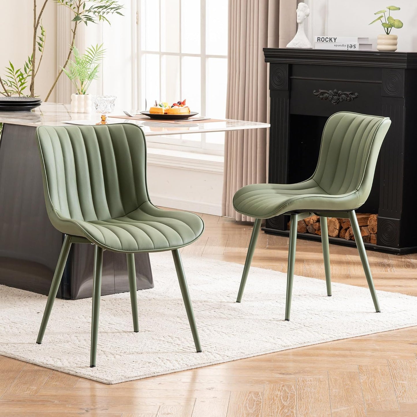 YOUNUOKE Mid-Century Modern Dining Chairs Set of 2, Olive Green PU Leather Upholstered Kitchen Chairs with Black Metal Legs, Armless Accent Side Chair for Dining Room, Guest Reception Room