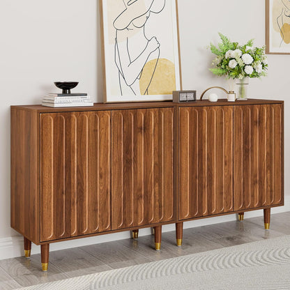 Turtle&Myrtle Fluted Sideboard Buffet Cabinet Set of 3, 92” Wide Mid Century Modern Storage Cabinet with 6 Doors& Adjustable Shelves, Wood Small Accent Cabinets for Living Room, Kitchen Walnut