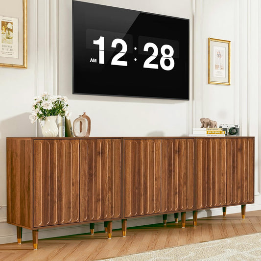 Turtle&Myrtle Fluted Sideboard Buffet Cabinet Set of 3, 92” Wide Mid Century Modern Storage Cabinet with 6 Doors& Adjustable Shelves, Wood Small Accent Cabinets for Living Room, Kitchen Walnut
