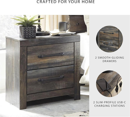 Signature Design by Ashley Drystan Rustic Industrial 2 Drawer Nightstand with 2 Slim-Profile USB Charging Stations, 24.37" Tall, Weatherworn Brown
