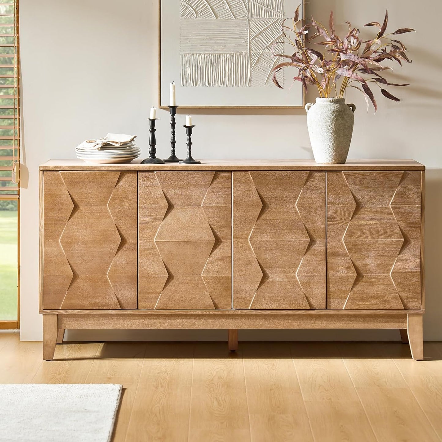 HULALA HOME Mid Century Sideboard Buffet Cabinet with Solid Wood Legs, 60" Kitchen Storage Cabinet Credenza with 4 Doors and 2 Shelves, Accent Console Table, Walnut