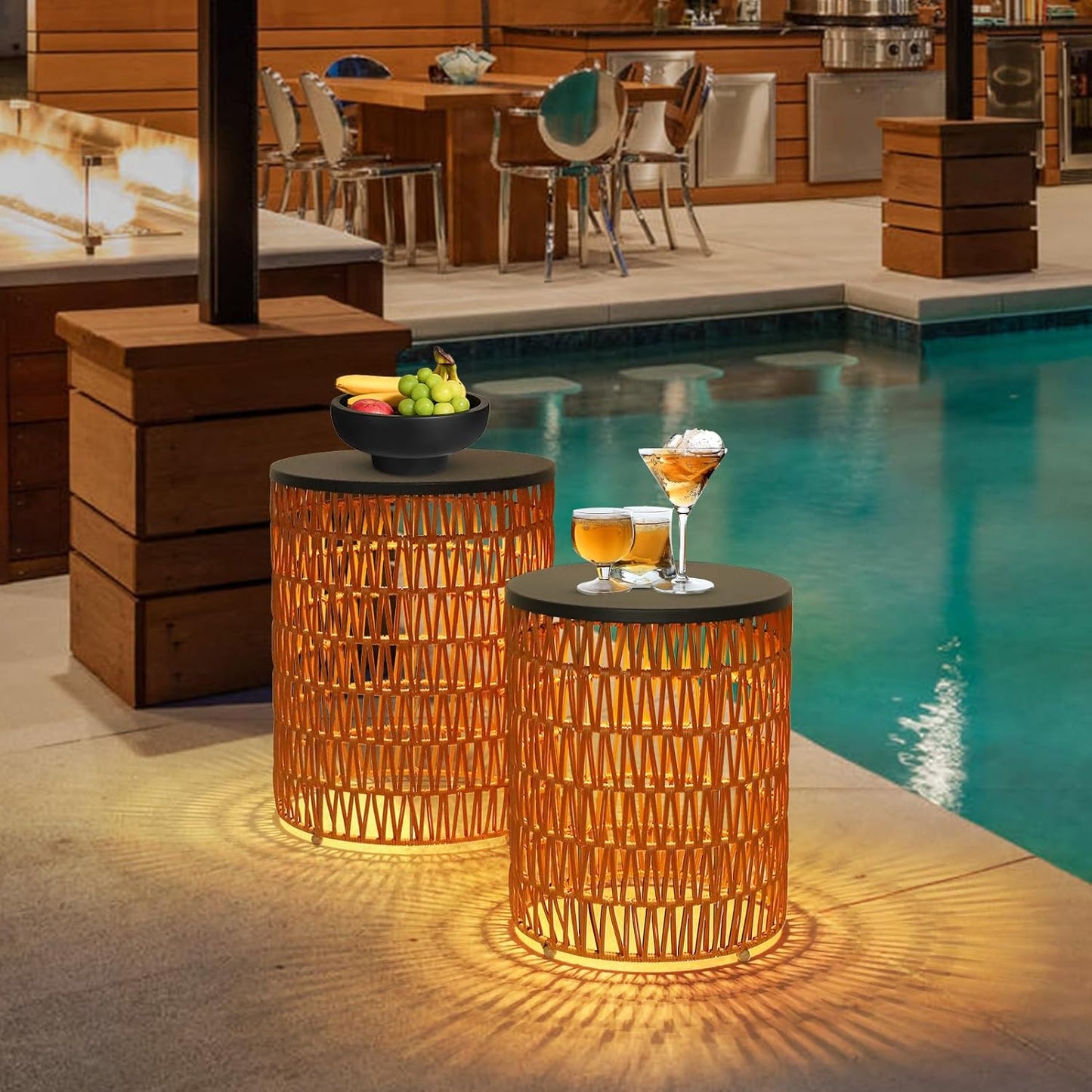 HMVPL Outdoor Side End Table with Dimmable Light Remote Control,2-Pack Small Round Patio Table with Timing Light,Outside Plastic Rattan Accent Bistro Desk for Poolside Backyard Balcony Gazebo Indoor