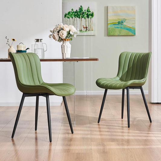 YOUNUOKE Mid-Century Modern Dining Chairs Set of 2, Olive Green PU Leather Upholstered Kitchen Chairs with Black Metal Legs, Armless Accent Side Chair for Dining Room, Guest Reception Room