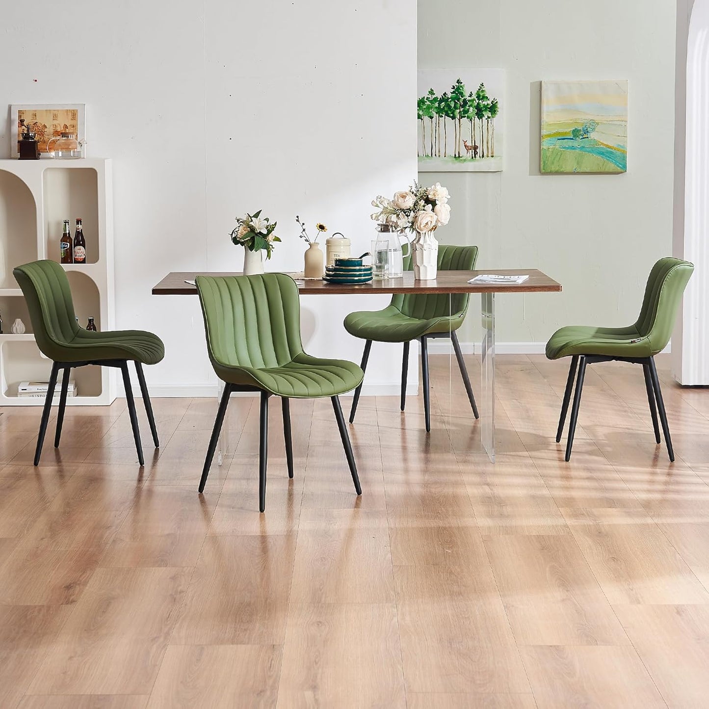 YOUNUOKE Mid-Century Modern Dining Chairs Set of 2, Olive Green PU Leather Upholstered Kitchen Chairs with Black Metal Legs, Armless Accent Side Chair for Dining Room, Guest Reception Room