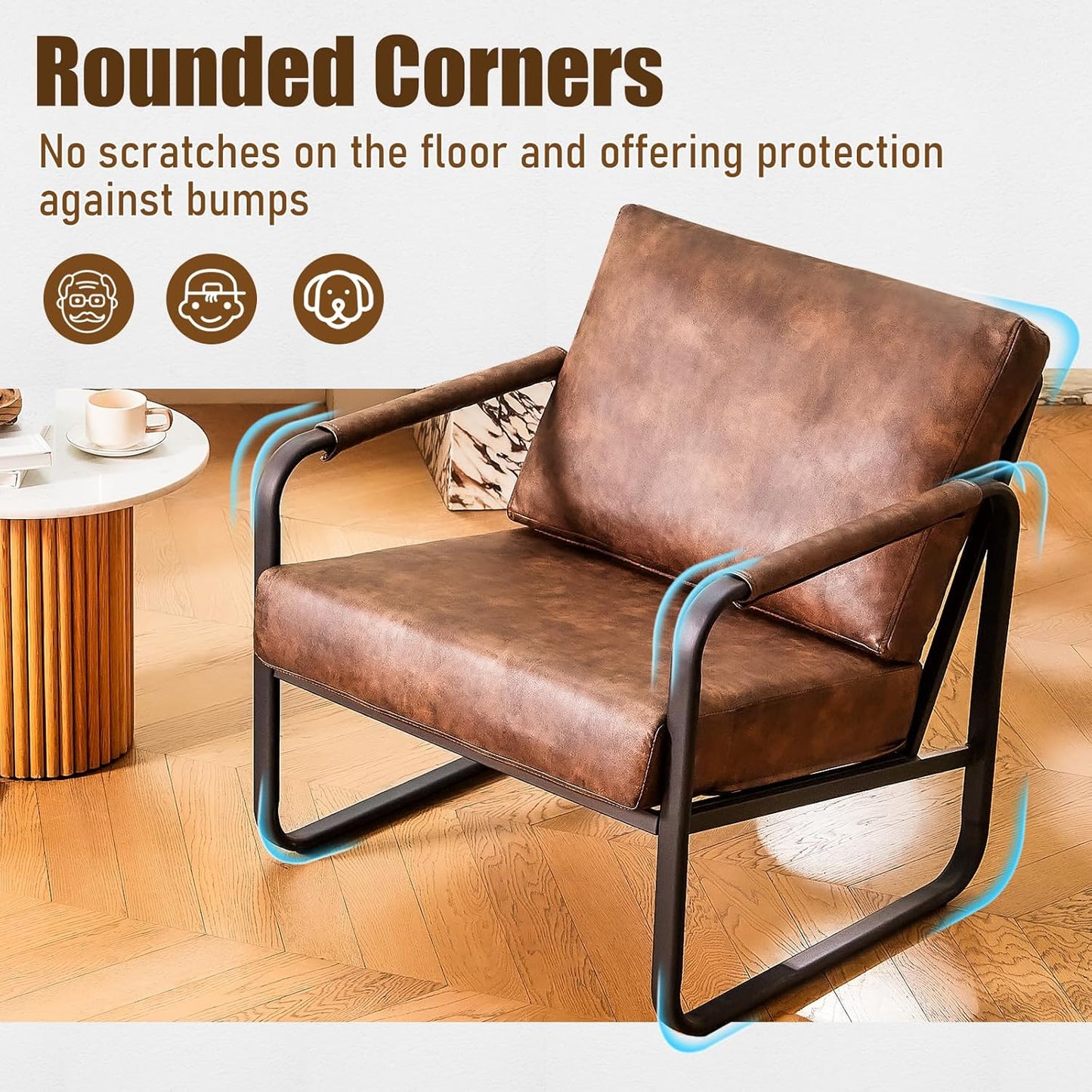 PrimeZone Mid-Century Modern Accent Chair Set of 2 - Comfy Faux Leather Living Room Chair, Lounge Armchair with Extra Soft Padded & Cushion, Ergonomic Accent Chair for Bedroom, Office, Brown