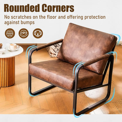 PrimeZone Mid-Century Modern Accent Chair Set of 2 - Comfy Faux Leather Living Room Chair, Lounge Armchair with Extra Soft Padded & Cushion, Ergonomic Accent Chair for Bedroom, Office, Brown