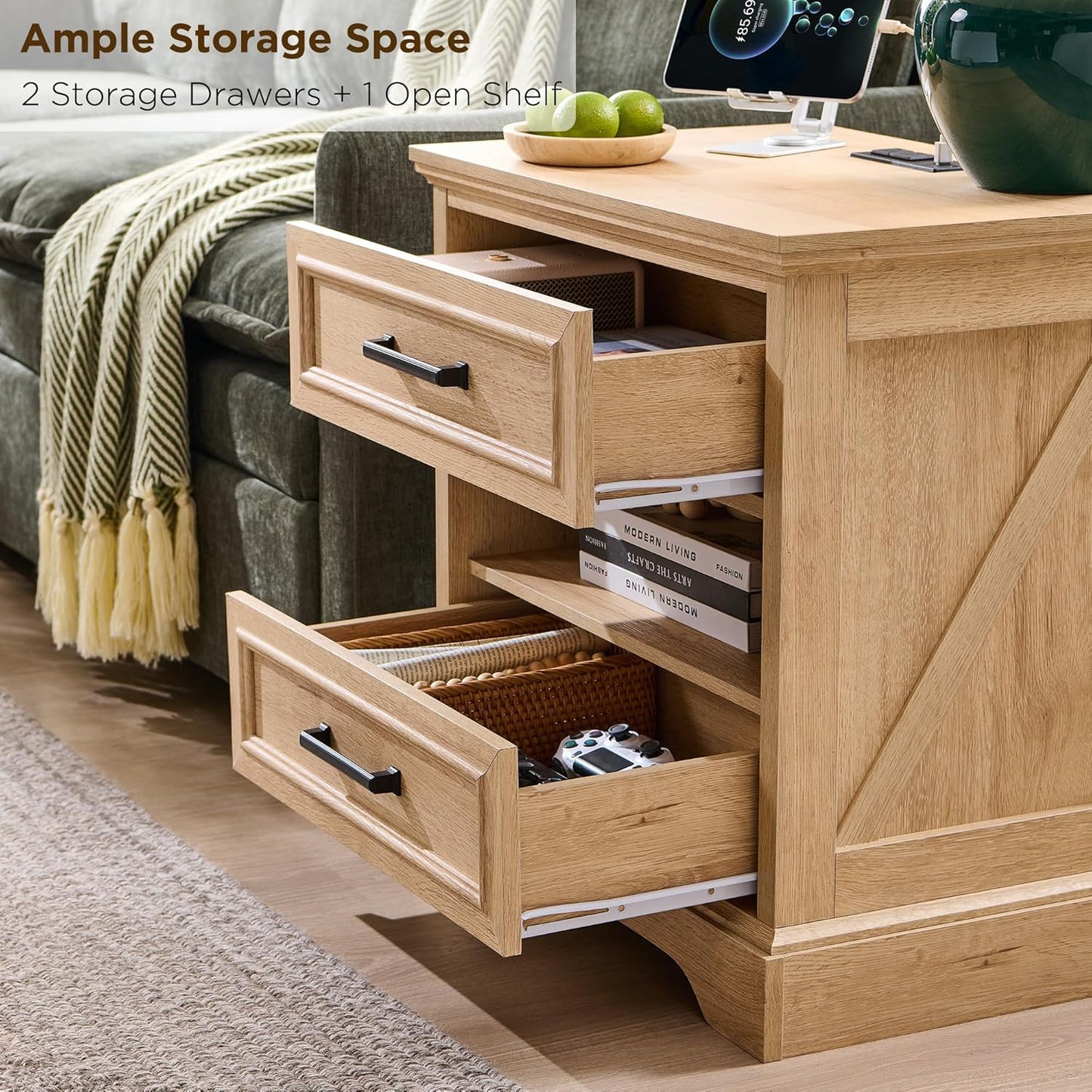 ACCOHOHO 24" Farmhouse Nightstand Set of 2 with Charging Station, 2 Drawers Large Bedside Table with Open Shelf, Rustic End Table for Bedroom - Natural Oak