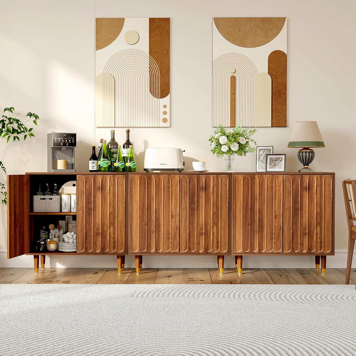 Turtle&Myrtle Fluted Sideboard Buffet Cabinet Set of 3, 92” Wide Mid Century Modern Storage Cabinet with 6 Doors& Adjustable Shelves, Wood Small Accent Cabinets for Living Room, Kitchen Walnut