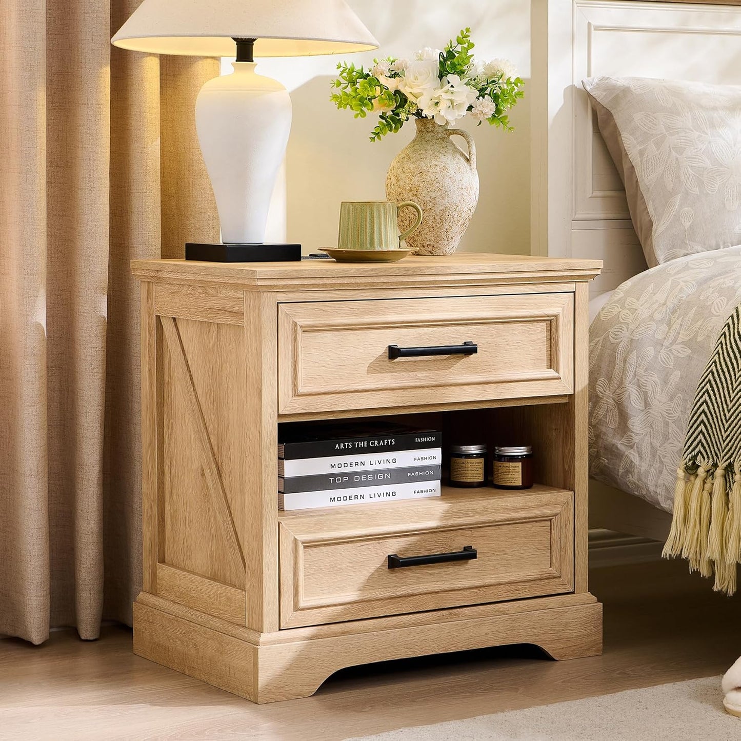 ACCOHOHO 24" Farmhouse Nightstand Set of 2 with Charging Station, 2 Drawers Large Bedside Table with Open Shelf, Rustic End Table for Bedroom - Natural Oak