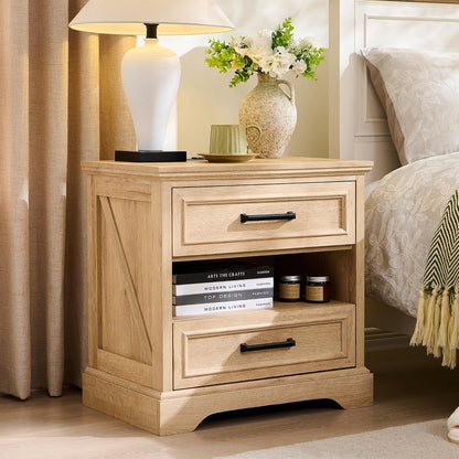 ACCOHOHO 24" Farmhouse Nightstand Set of 2 with Charging Station, 2 Drawers Large Bedside Table with Open Shelf, Rustic End Table for Bedroom - Natural Oak