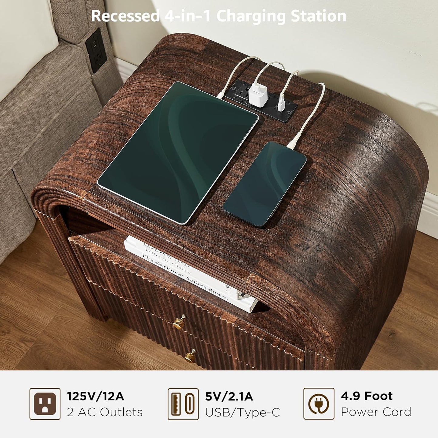 T4TREAM 24" Fluted Nightstand Set of 2, Large 2 Drawers Bedside Table with Charging Station, Modern End Table with Storage Night Stand for Bedroom, Living Room, Round Curved Corner Design, Dark Walnut