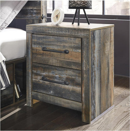 Signature Design by Ashley Drystan Rustic Industrial 2 Drawer Nightstand with 2 Slim-Profile USB Charging Stations, 24.37" Tall, Weatherworn Brown