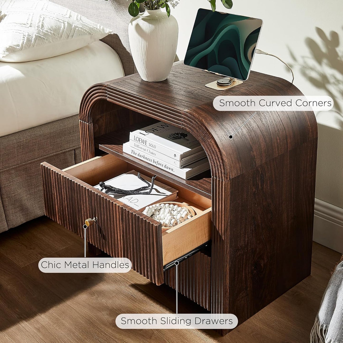 T4TREAM 24" Fluted Nightstand Set of 2, Large 2 Drawers Bedside Table with Charging Station, Modern End Table with Storage Night Stand for Bedroom, Living Room, Round Curved Corner Design, Dark Walnut