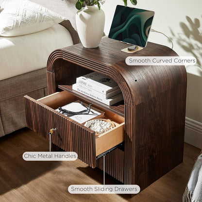 T4TREAM 24" Fluted Nightstand Set of 2, Large 2 Drawers Bedside Table with Charging Station, Modern End Table with Storage Night Stand for Bedroom, Living Room, Round Curved Corner Design, Dark Walnut