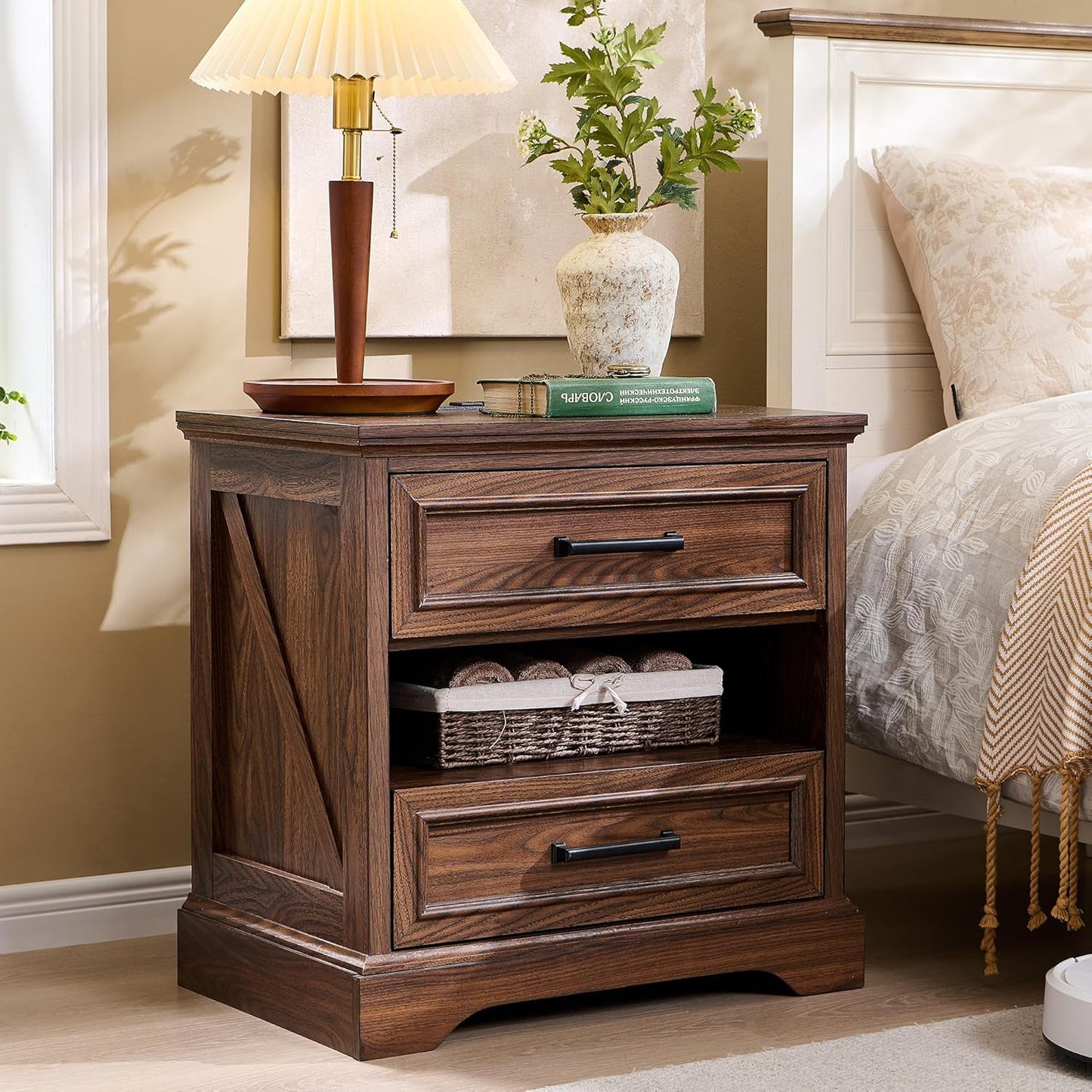 ACCOHOHO 24" Farmhouse Nightstand Set of 2 with Charging Station, 2 Drawers Large Bedside Table with Open Shelf, Rustic End Table for Bedroom - Natural Oak