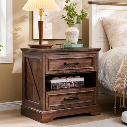 ACCOHOHO 24" Farmhouse Nightstand Set of 2 with Charging Station, 2 Drawers Large Bedside Table with Open Shelf, Rustic End Table for Bedroom - Natural Oak