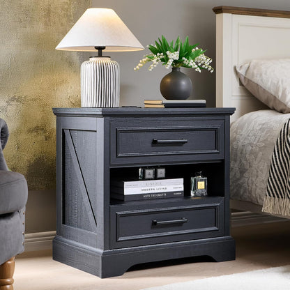 ACCOHOHO 24" Farmhouse Nightstand Set of 2 with Charging Station, 2 Drawers Large Bedside Table with Open Shelf, Rustic End Table for Bedroom - Natural Oak