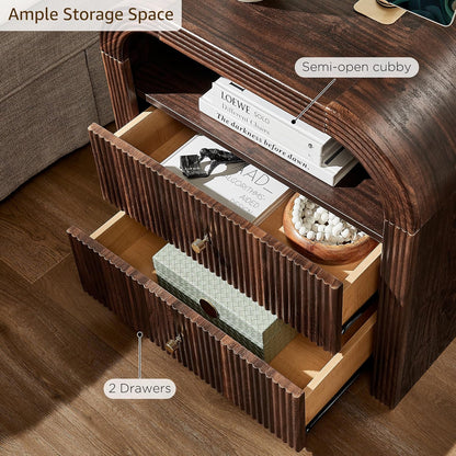 T4TREAM 24" Fluted Nightstand Set of 2, Large 2 Drawers Bedside Table with Charging Station, Modern End Table with Storage Night Stand for Bedroom, Living Room, Round Curved Corner Design, Dark Walnut