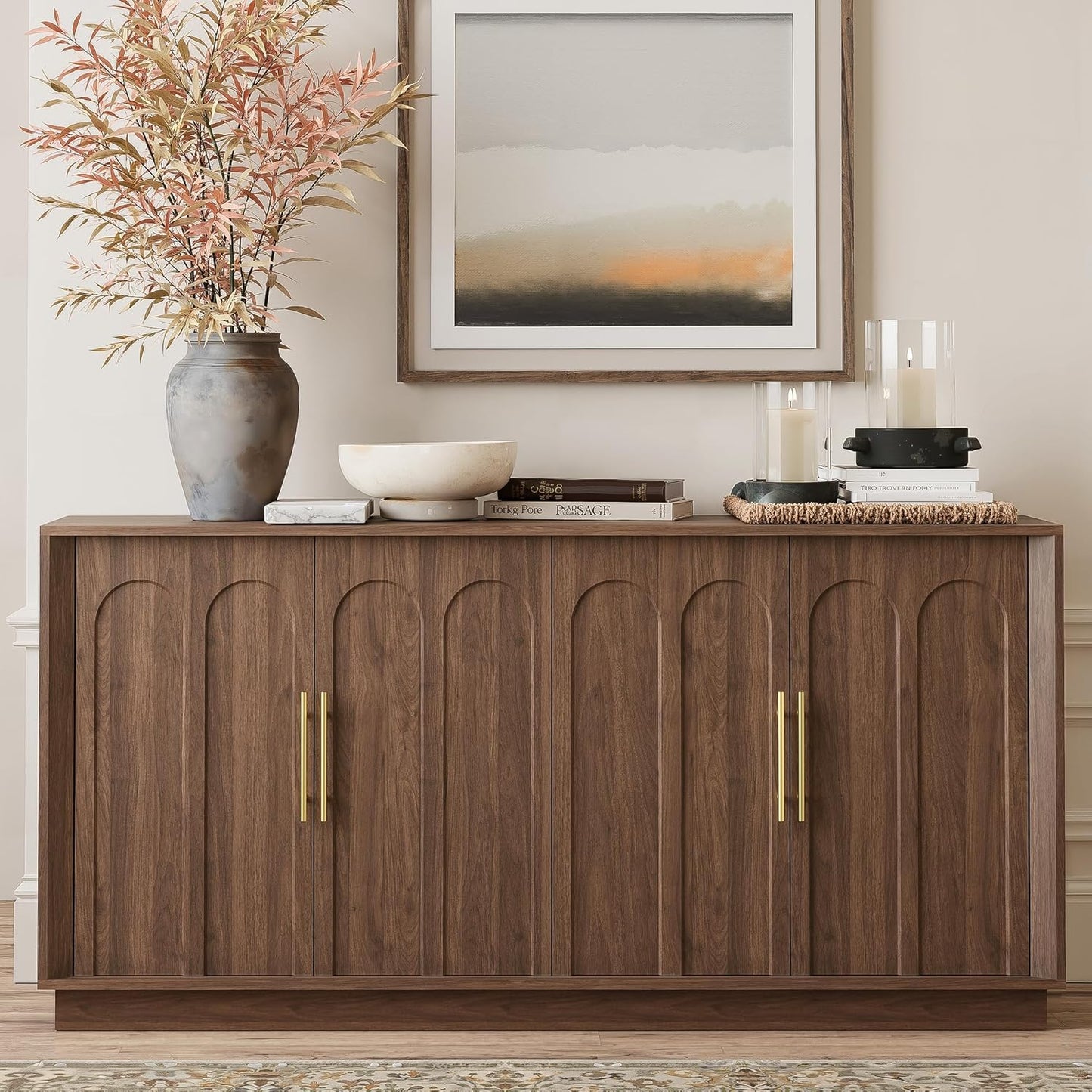 Sideboard Buffet Cabinet with Storage, Mid Century Modern Accent Cabinet with Arched Doors, Modular Media Console, Minimalist Credenza for Living Room Kitchen Dining Room Entryway, Walnut