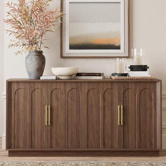 Sideboard Buffet Cabinet with Storage, Mid Century Modern Accent Cabinet with Arched Doors, Modular Media Console, Minimalist Credenza for Living Room Kitchen Dining Room Entryway, Walnut