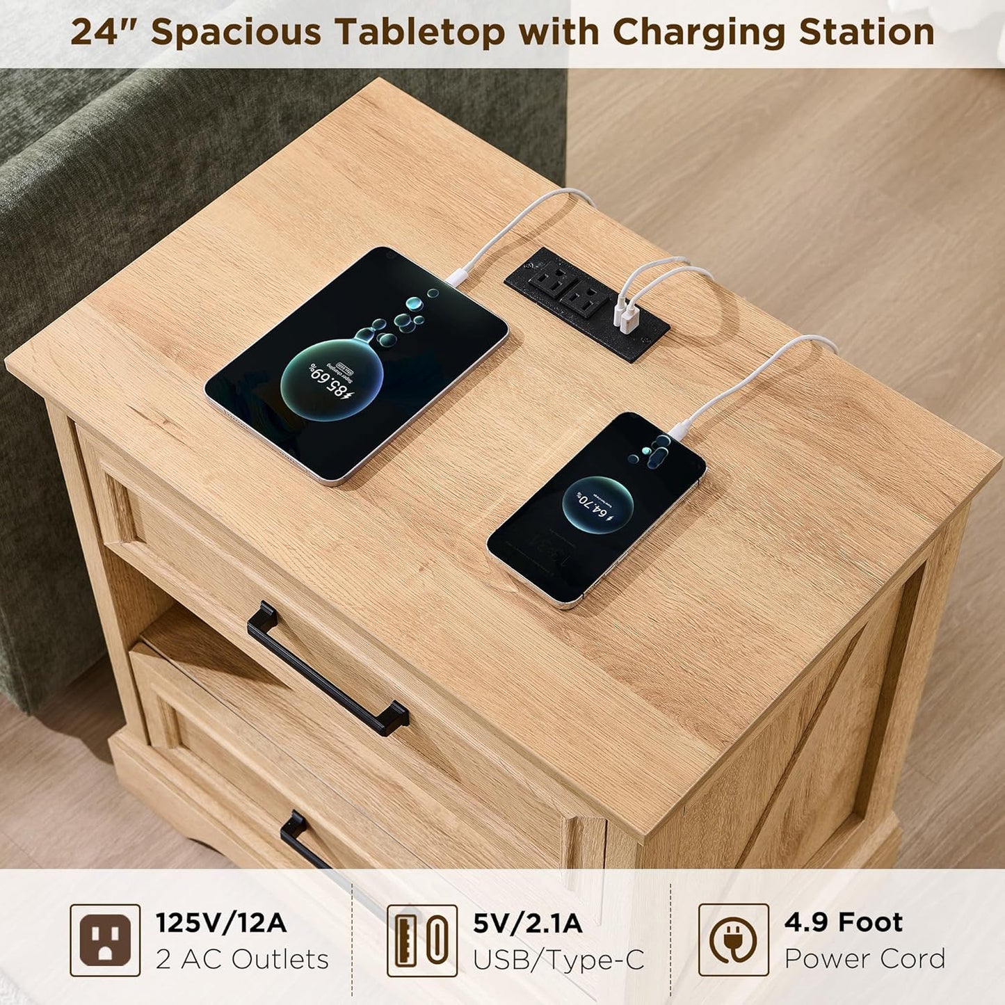 ACCOHOHO 24" Farmhouse Nightstand Set of 2 with Charging Station, 2 Drawers Large Bedside Table with Open Shelf, Rustic End Table for Bedroom - Natural Oak