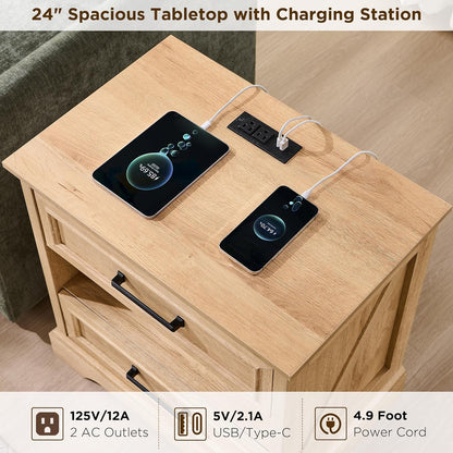 ACCOHOHO 24" Farmhouse Nightstand Set of 2 with Charging Station, 2 Drawers Large Bedside Table with Open Shelf, Rustic End Table for Bedroom - Natural Oak